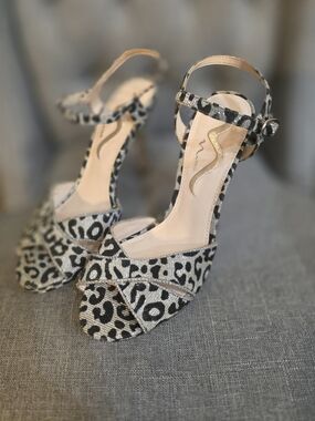 Nina Silver and Black Leopard Platform Ankle-Strap Heels